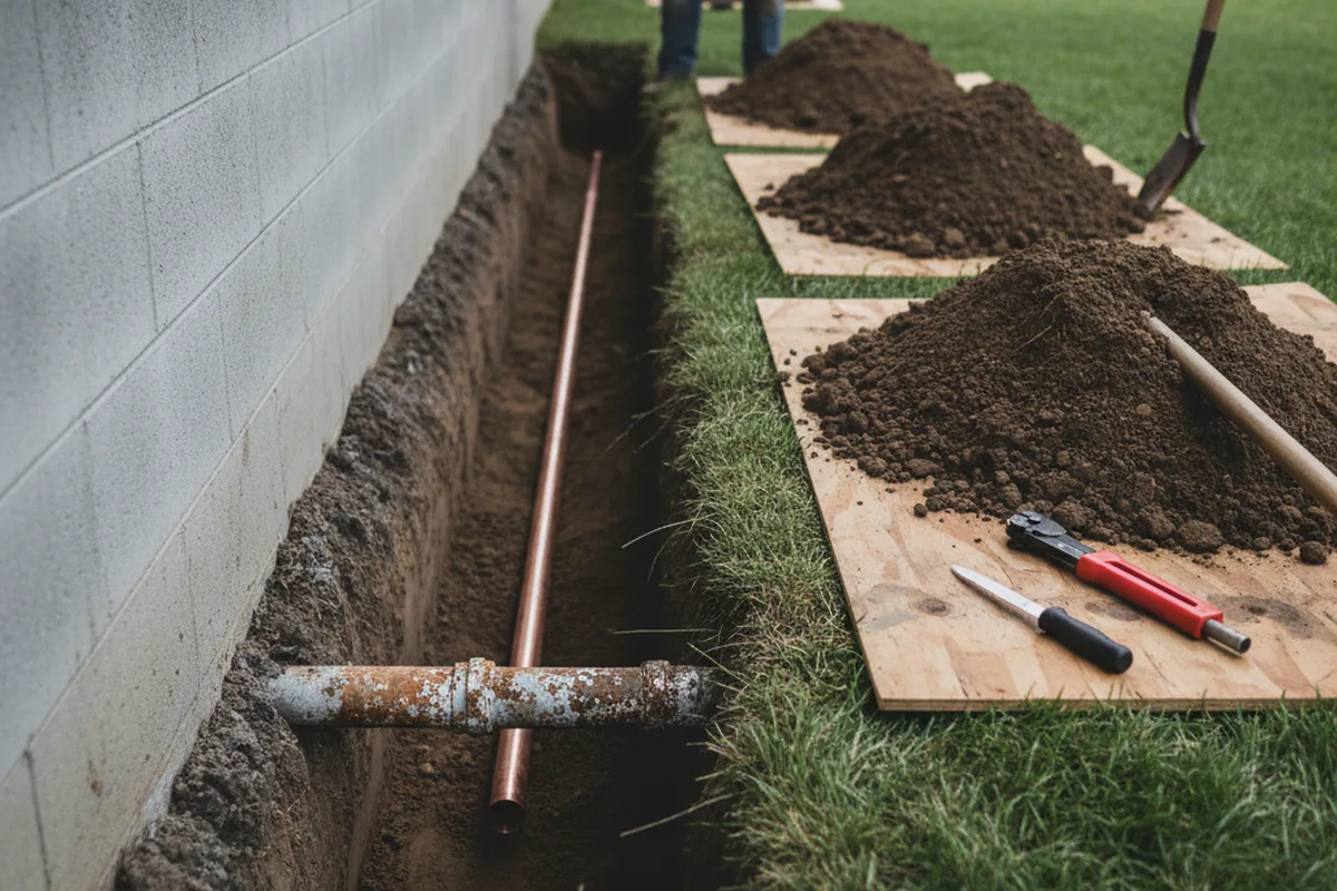 Excavated water line trench during Sewer Line Repair in Costa Mesa